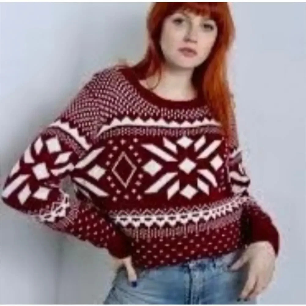Fair Isle Knit Sweater Snowflake Holiday Christmas Nordic Burgundy Size Large